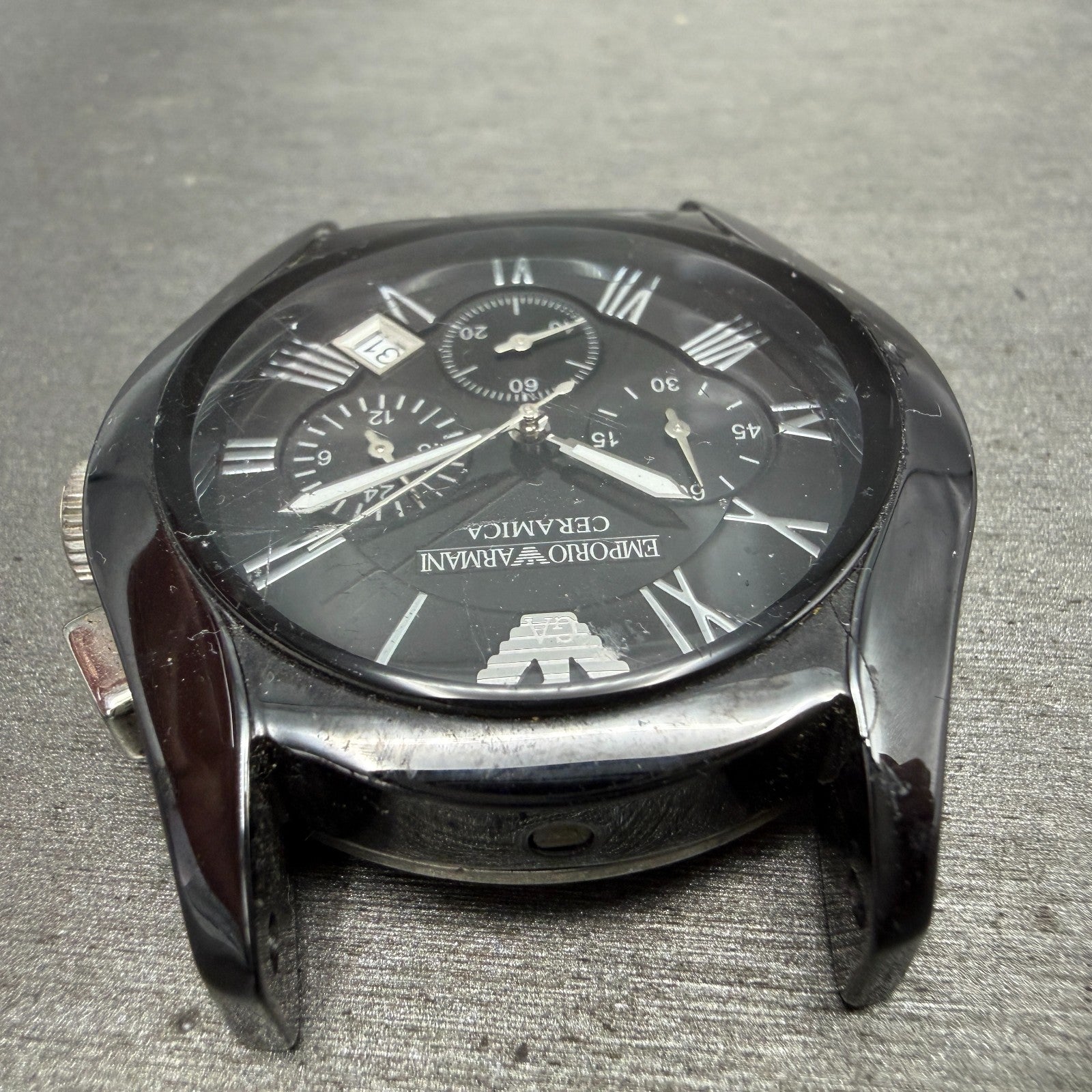 Emporio Armani Ceramica Watch Men 42mm Black Dial White Ceramic Date CRACK Works3