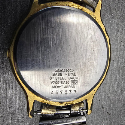 Seiko Watch Men 34mm White Dial Gold Tone Round V700-8A10 New Battery Vintage10