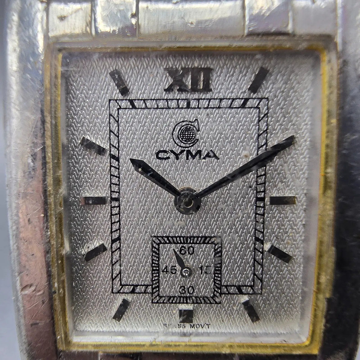 Cyma Tank Watch Men 25mm Silver Dial Steel Small Seconds 729 Rectangle PARTS2