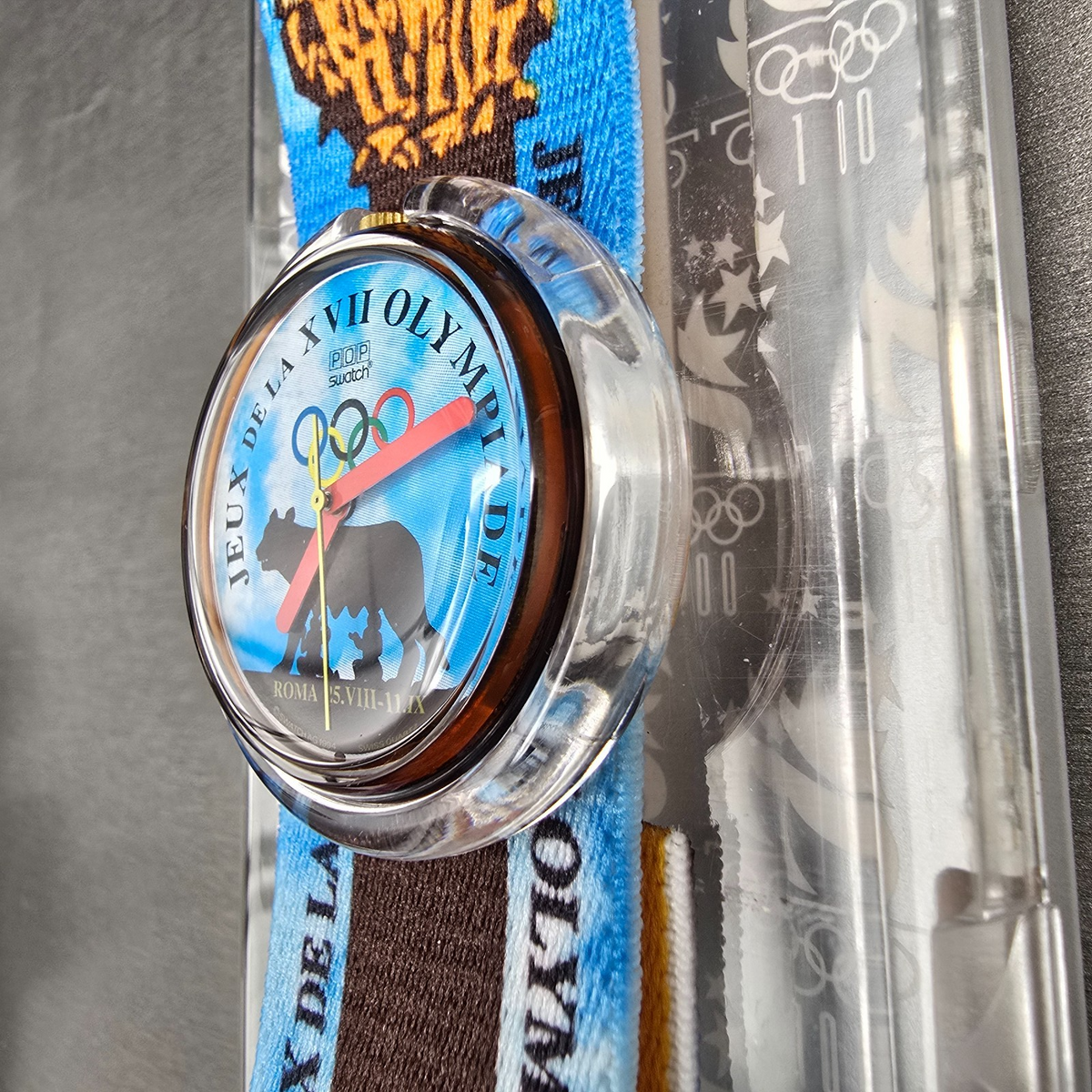Swatch Pop Roma 1960 Watch Men 40mm Blue Dial Brown Case PMZ101 New Battery NOS3