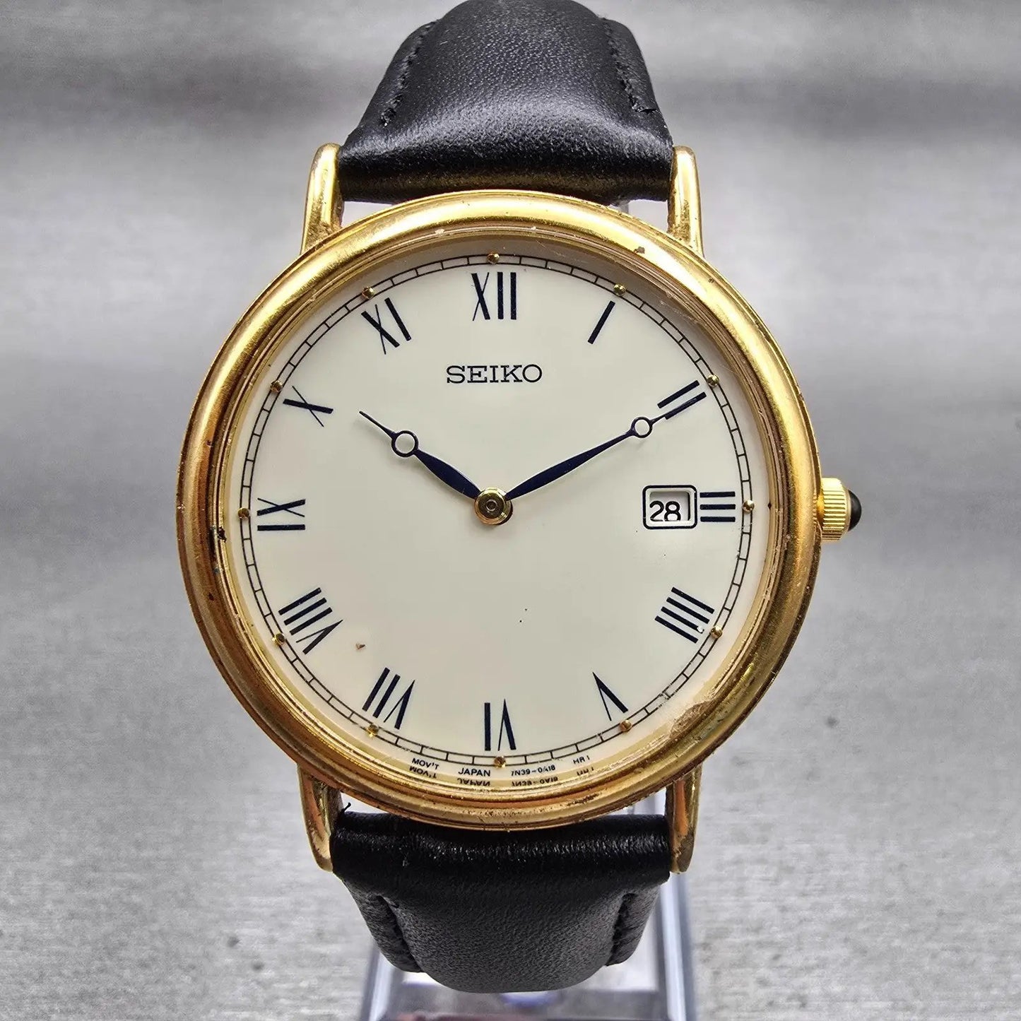 Seiko Watch Men 34mm Ivory Dial Gold Tone Date Round 7N39-0A19 New Battery VTG0