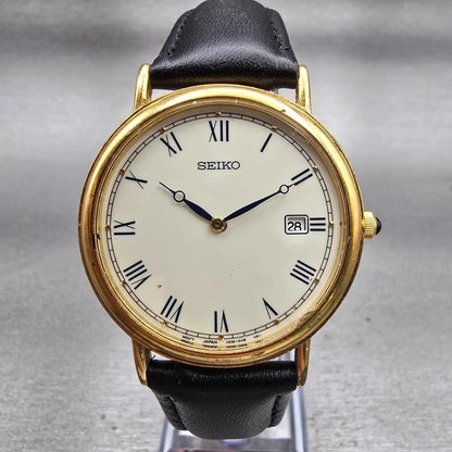 Seiko Watch Men 34mm Ivory Dial Gold Tone Date Round 7N39-0A19 New Battery VTG0