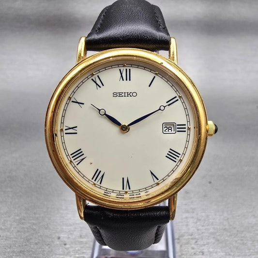 Seiko Watch Men 34mm Ivory Dial Gold Tone Date Round 7N39-0A19 New Battery VTG0