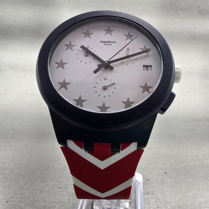 Swatch Free & Brave Chronograph Watch Men White Dial Blue Date SUSZ401 New Batt35