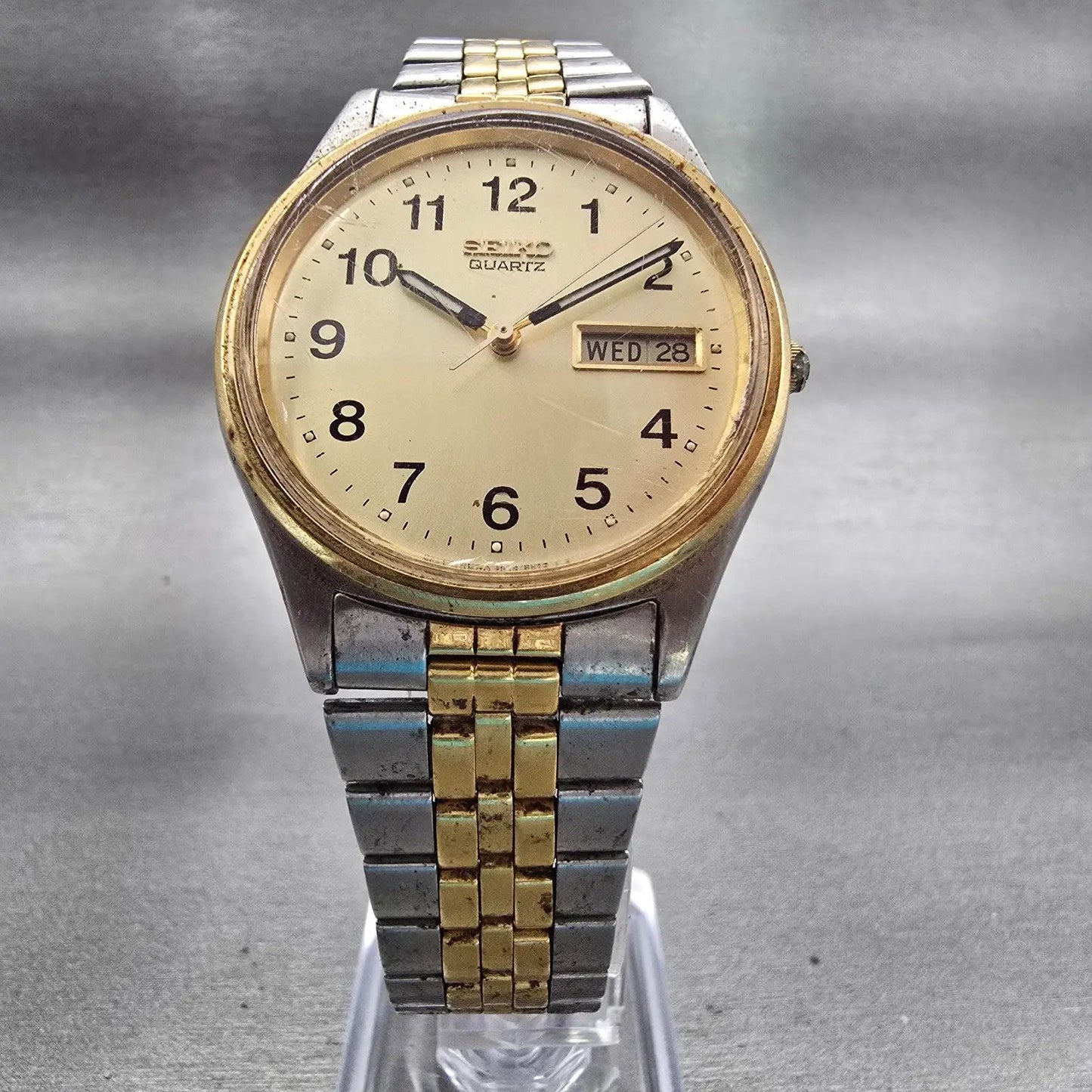 Seiko Watch Men 35mm Champagne Dial Two Tone Daydate Round 7N43-8A39 New Batt5