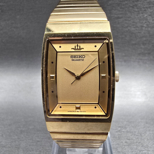 Seiko Watch Men 23mm Gold Dial Gold Tone Rectangle 8Y21-5080 New Battery0