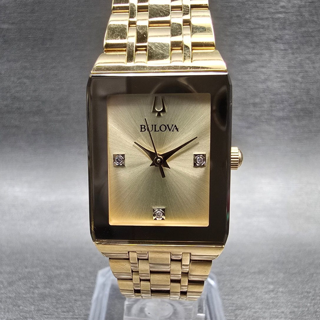Bulova Futuro Quadra Watch Women 20mm Gold Dial Gold Tone 97P140 New Battery0