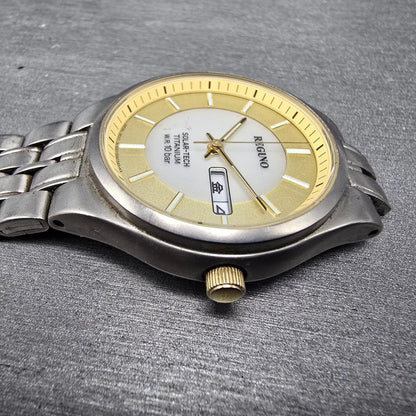 Citizen Reguno Solar Watch Men 34mm Champagne Dial Titanium Daydate Runs READ!!!3
