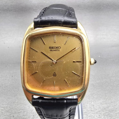 Seiko Watch Men 30mm Gold Dial Gold Tone Rectangle 6030-5250 New Battery Vintage0