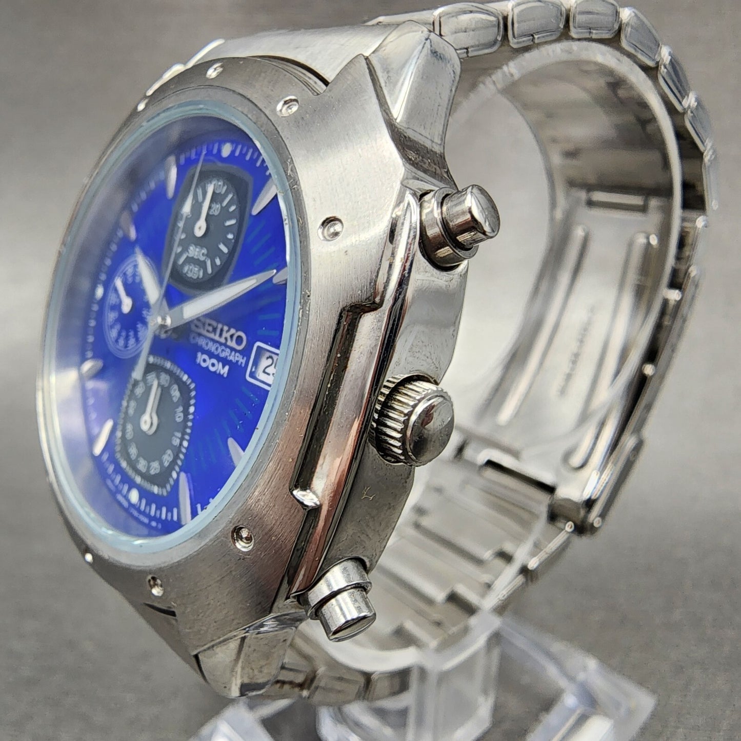Seiko Chronograph Watch Men 39mm Blue Dial Silver Tone Date 7t92-0cl0 New Batt