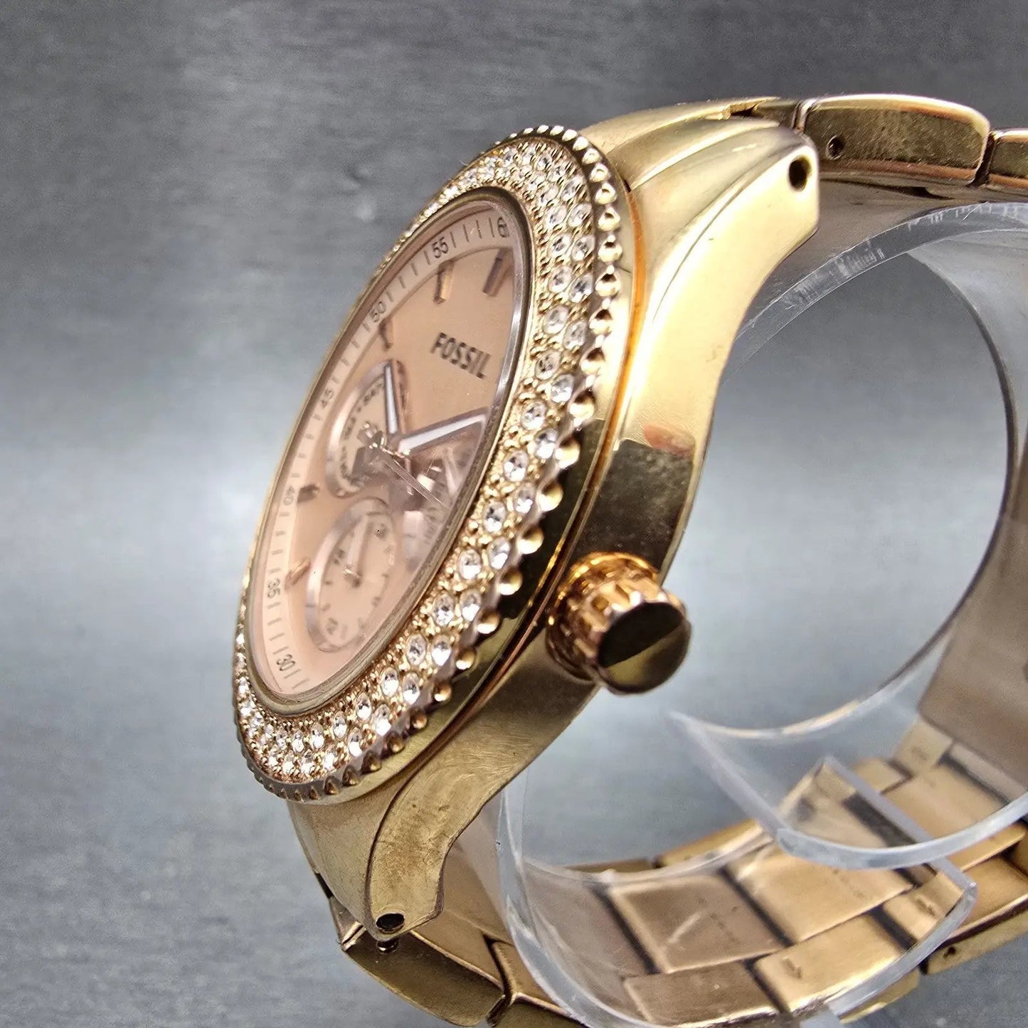 Fossil Stella Watch Women 38mm Pink Dial Rose Gold Tone Daydate ES3003 New Batt2