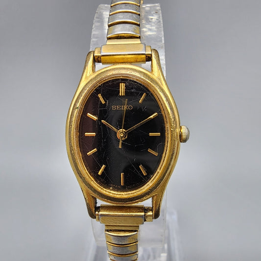 VTG Seiko Watch Women 20mm Black Dial Gold Tone Oval 4N01-5060 New Battery