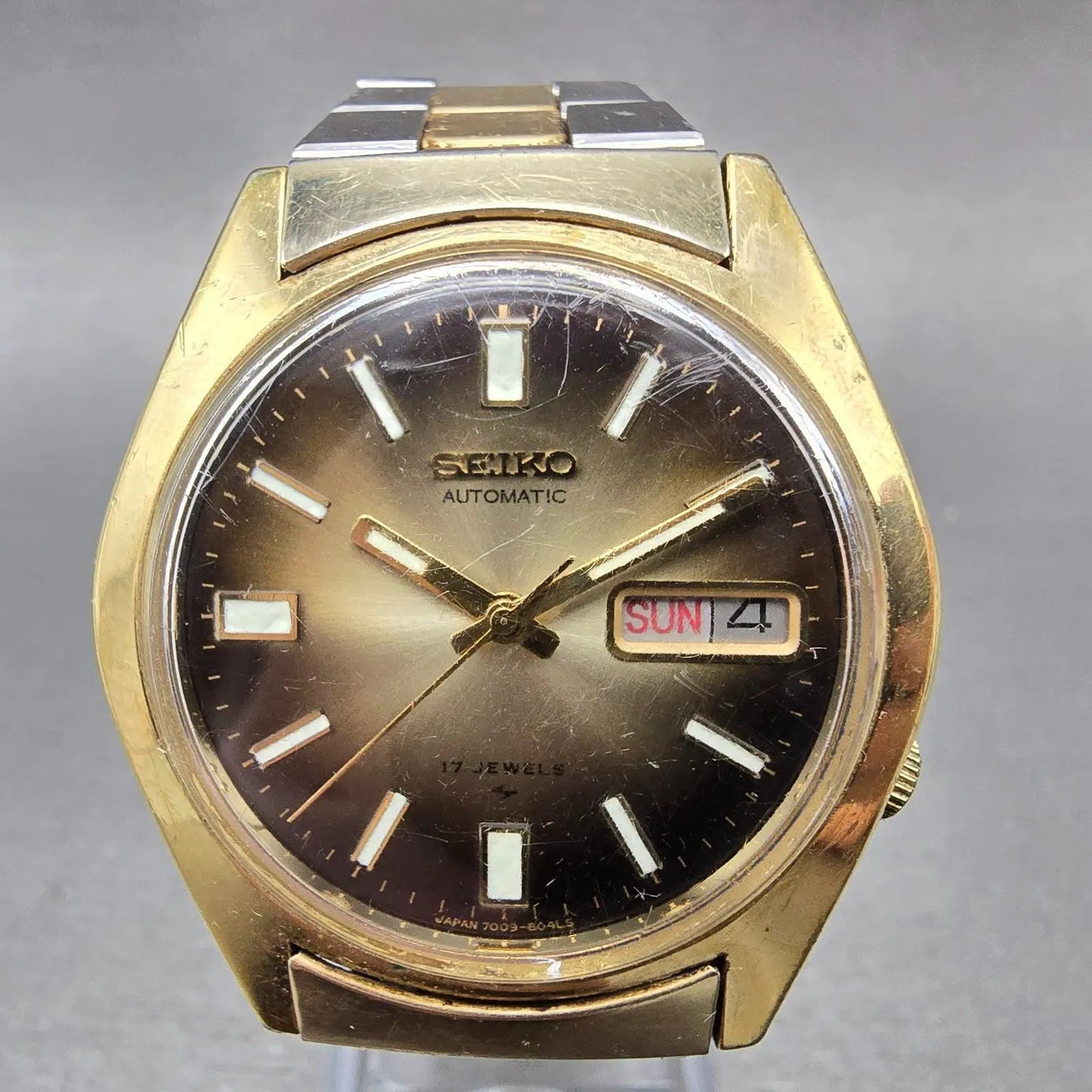 Seiko Automatic Watch Men 38mm Brown Dial Two Tone Daydate 7009-8049 Runs0