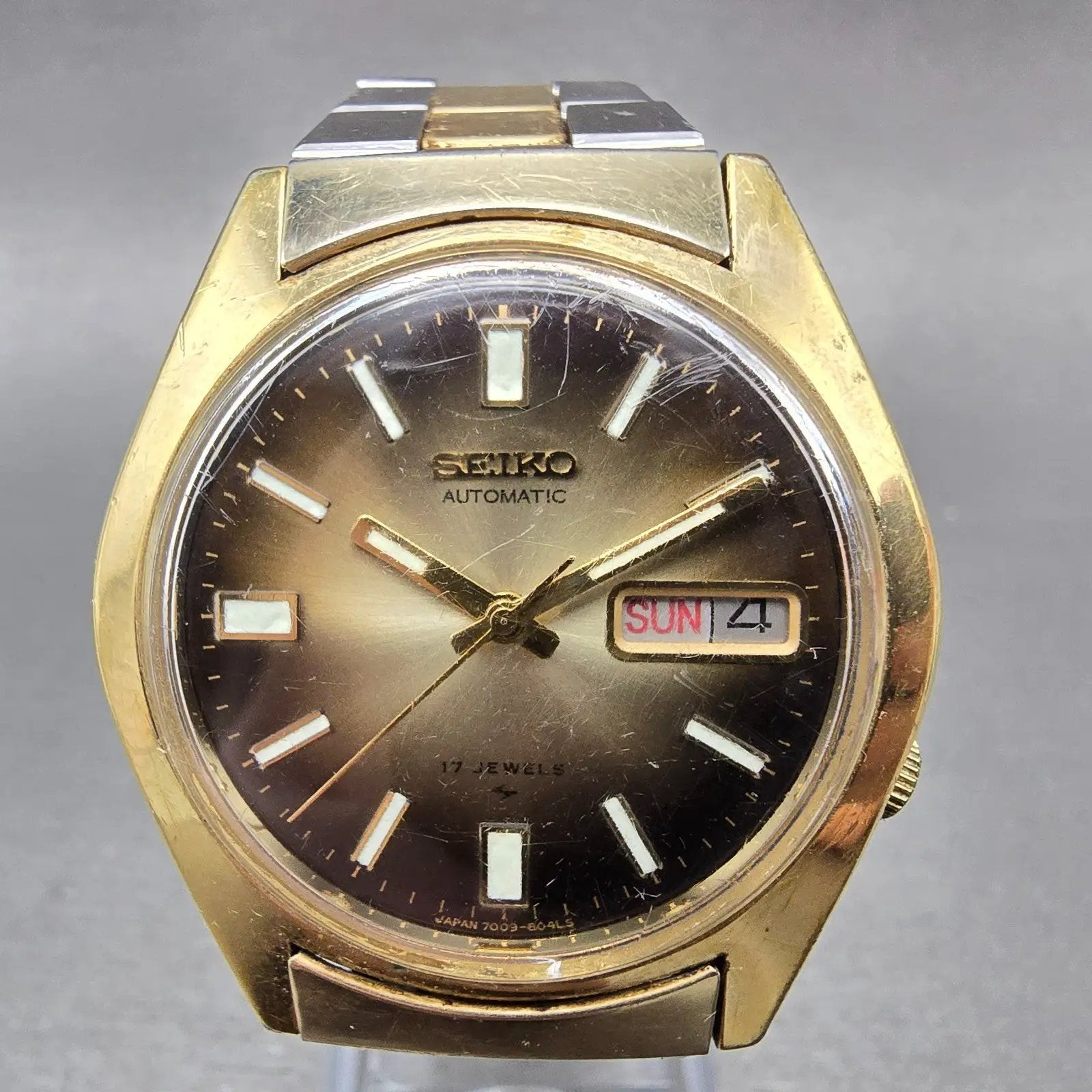 Seiko Automatic Watch Men 38mm Brown Dial Two Tone Daydate 7009-8049 Runs0