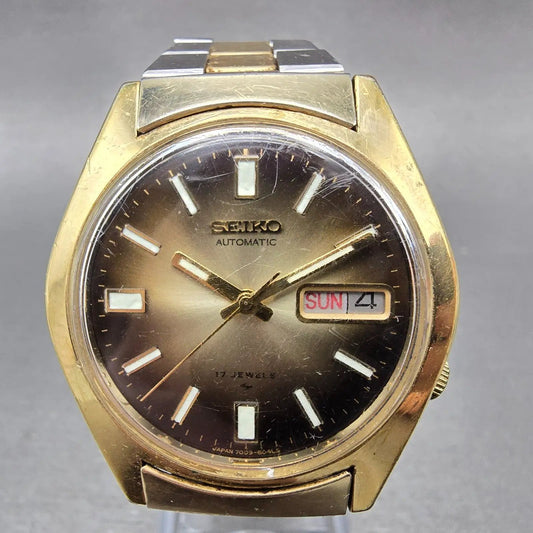 Seiko Automatic Watch Men 38mm Brown Dial Two Tone Daydate 7009-8049 Runs0