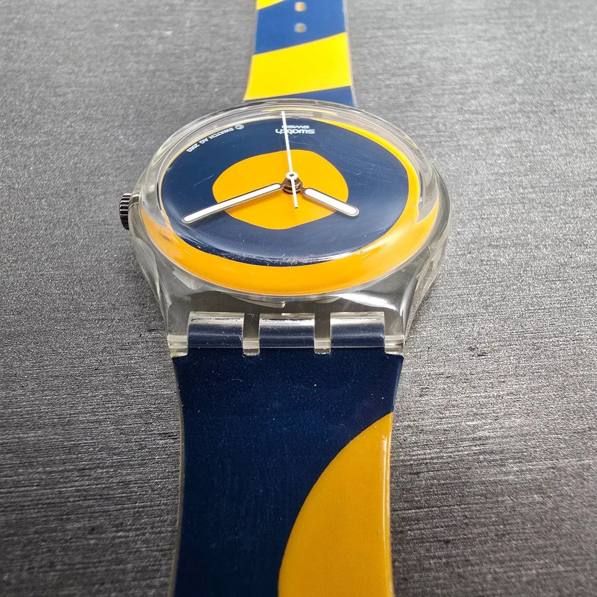 Swatch Kymata Watch Men 34mm Blue Dial Clear Case Round GE148 New Battery7