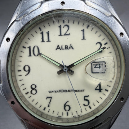 Seiko Alba Watch Men 39mm White Dial Silver Tone Date V732-0S00 New Battery VTG1