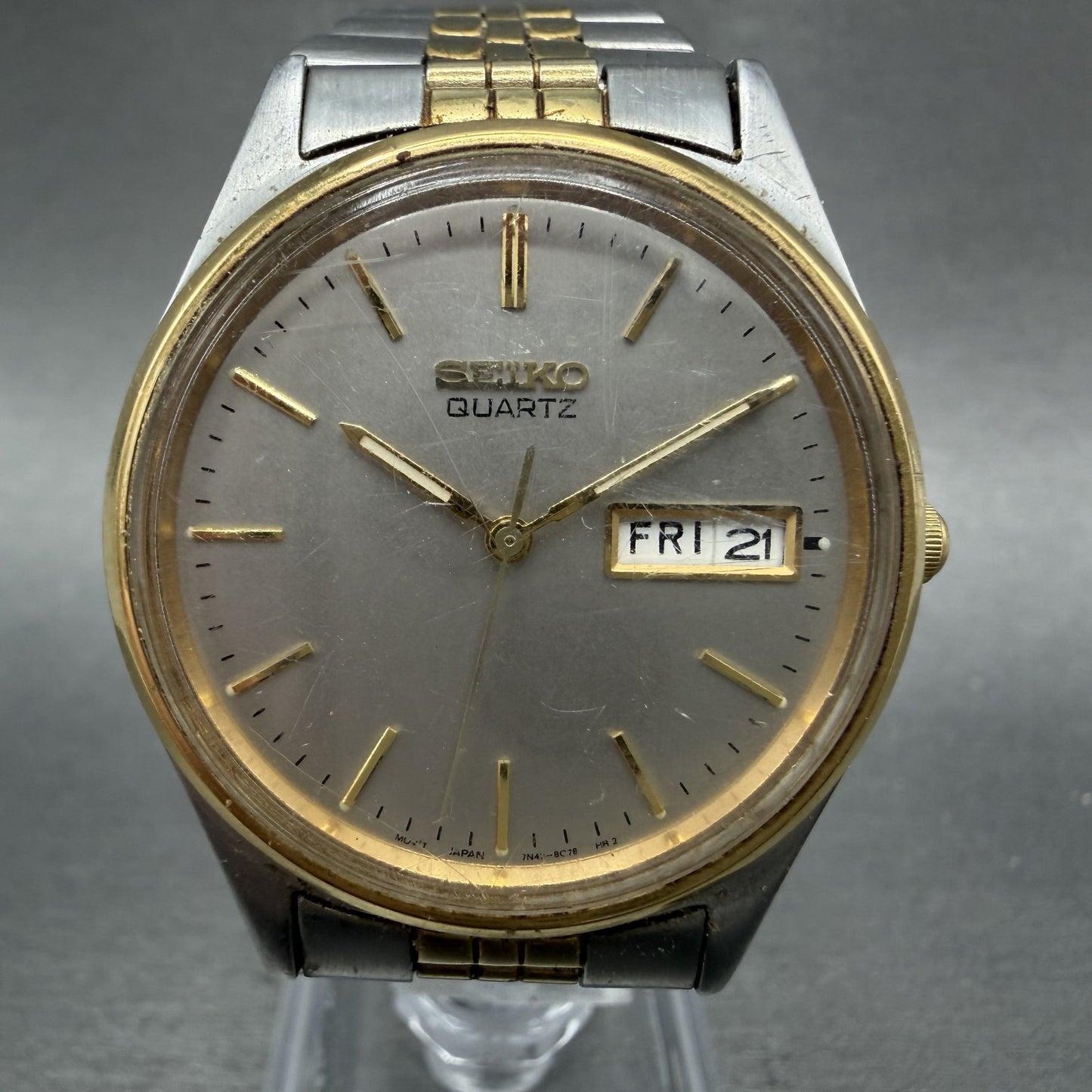 Seiko Watch Men 36mm Silver Dial Two Tone Daydate Round 7n438a30 New Battery0