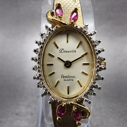 Armitron Deauville Diamond Watch Women 15mm Gold Dial Gold Tone Oval New Battery1