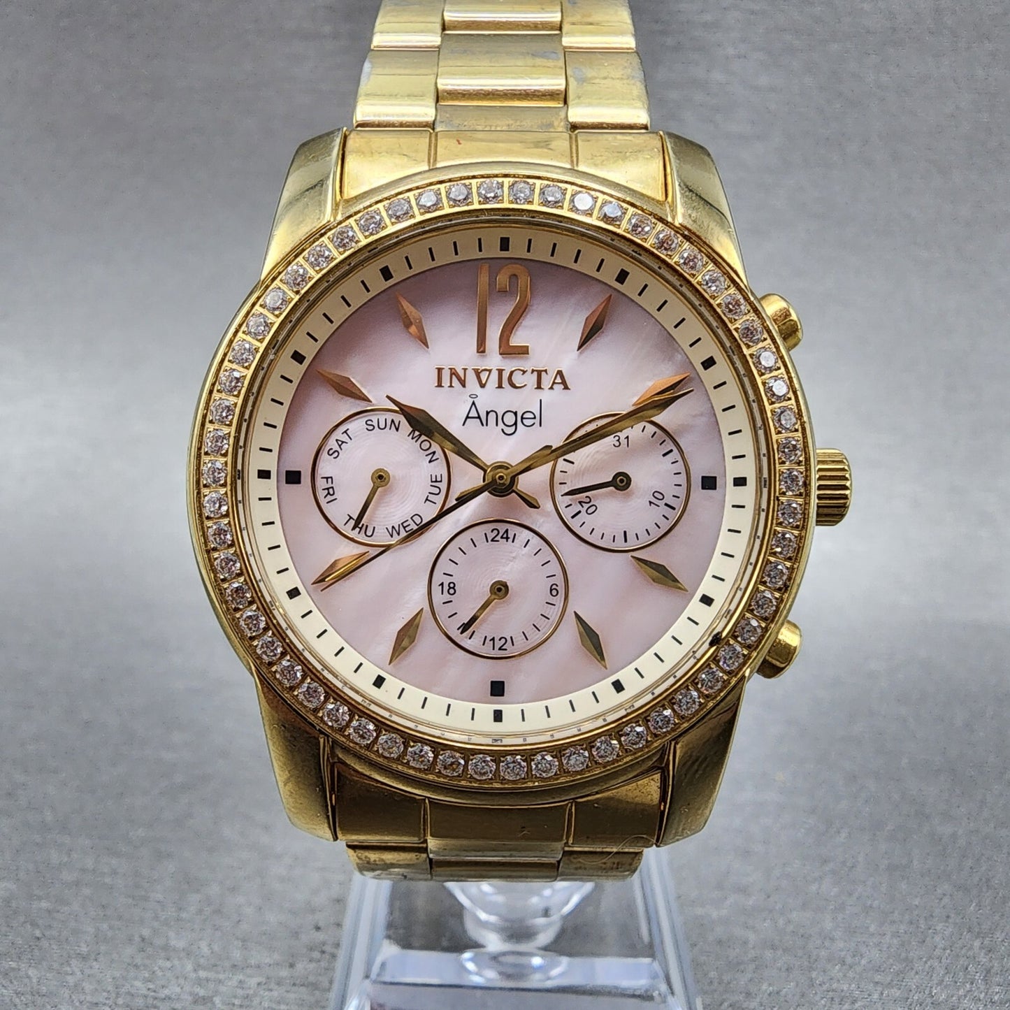 Invitca Angel Watch Women 38mm MOP Dial Gold Tone Daydate Round New Battery0