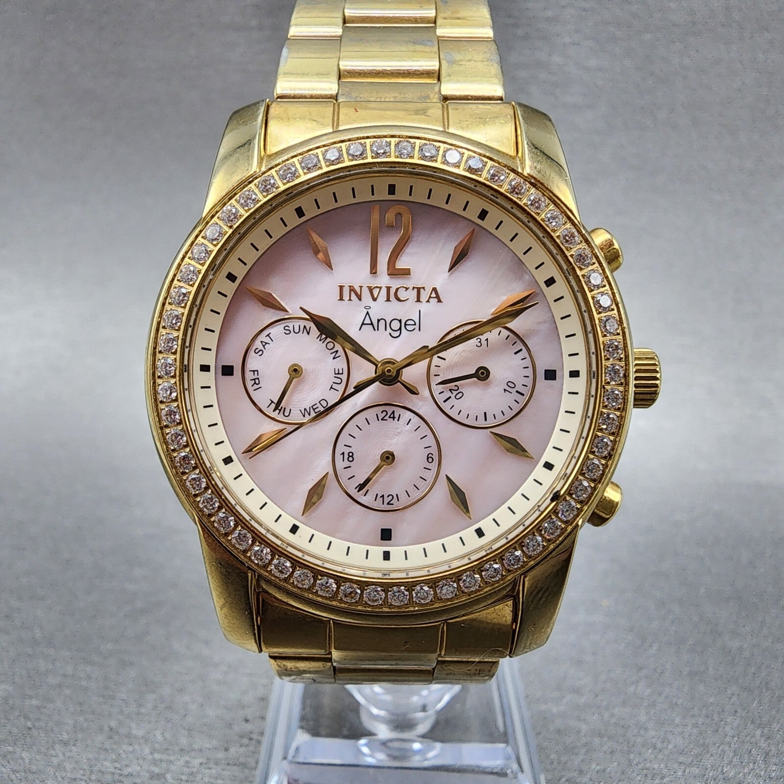 Invitca Angel Watch Women 38mm MOP Dial Gold Tone Daydate Round New Battery0