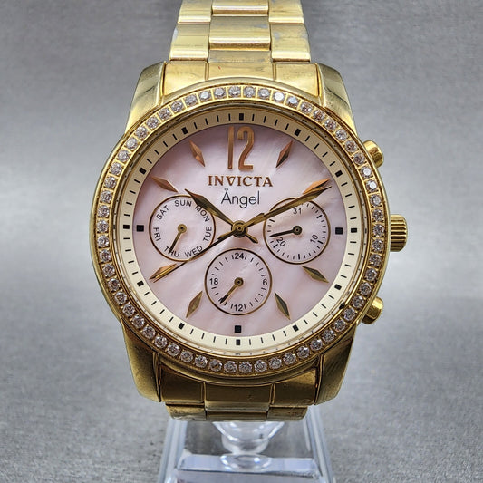 Invitca Angel Watch Women 38mm MOP Dial Gold Tone Daydate Round New Battery0