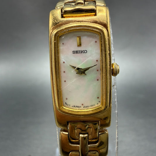 Seiko Tank Watch Women 13mm MOP Dial Gold Tone Rectangle 2E20-7279 New Battery0