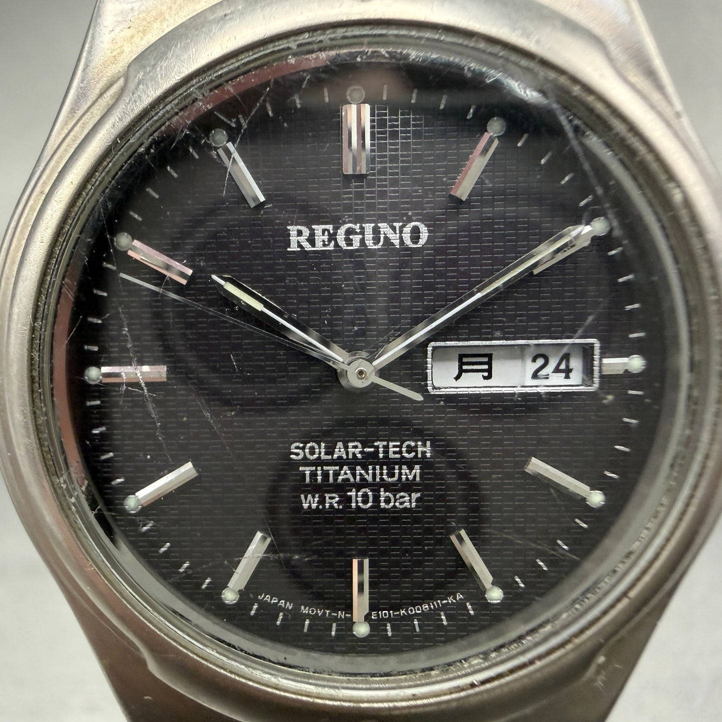 Citizen Reguno Watch Men 36mm Black Dial Titanium Daydate Solar Round Runs E1011