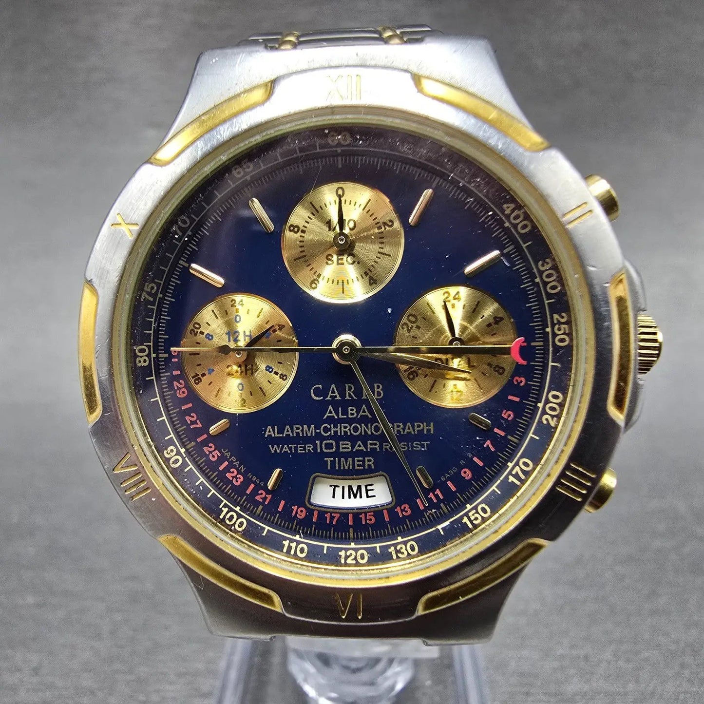 Seiko ALBA Carib Watch Men 37mm Blue Dial Two Tone Alarm Chrono N944-6A40 NewBat0