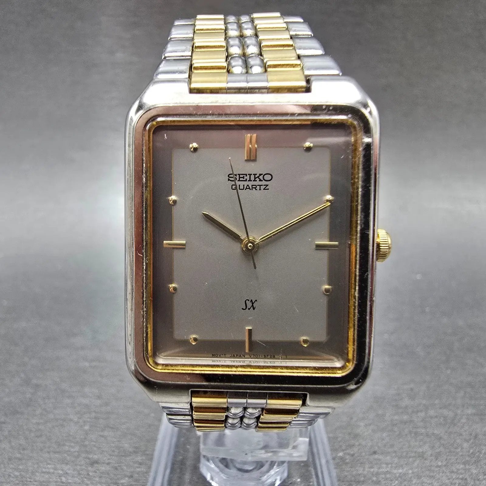 Seiko SX Tank Watch Men 26mm Gray Dial Two Tone Rectangle V701-5K90 PARTS0