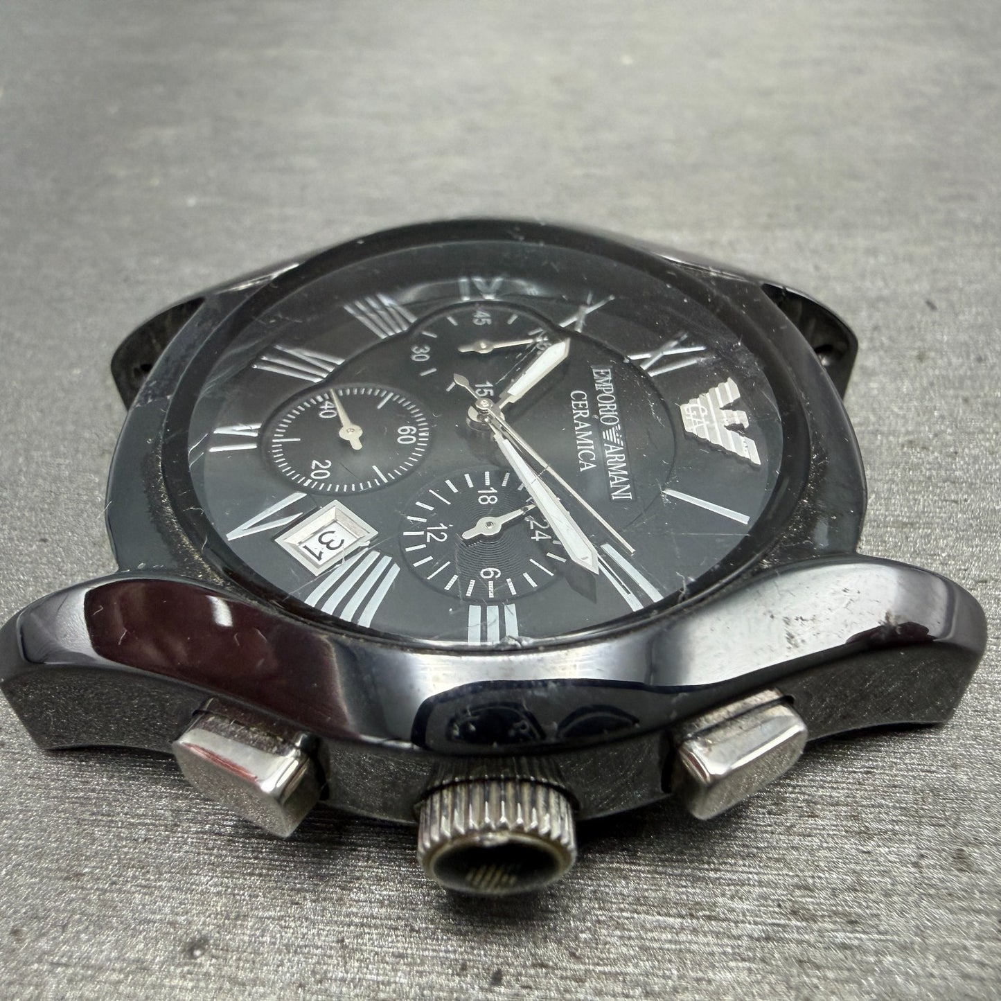 Emporio Armani Ceramica Watch Men 42mm Black Dial White Ceramic Date CRACK Works4
