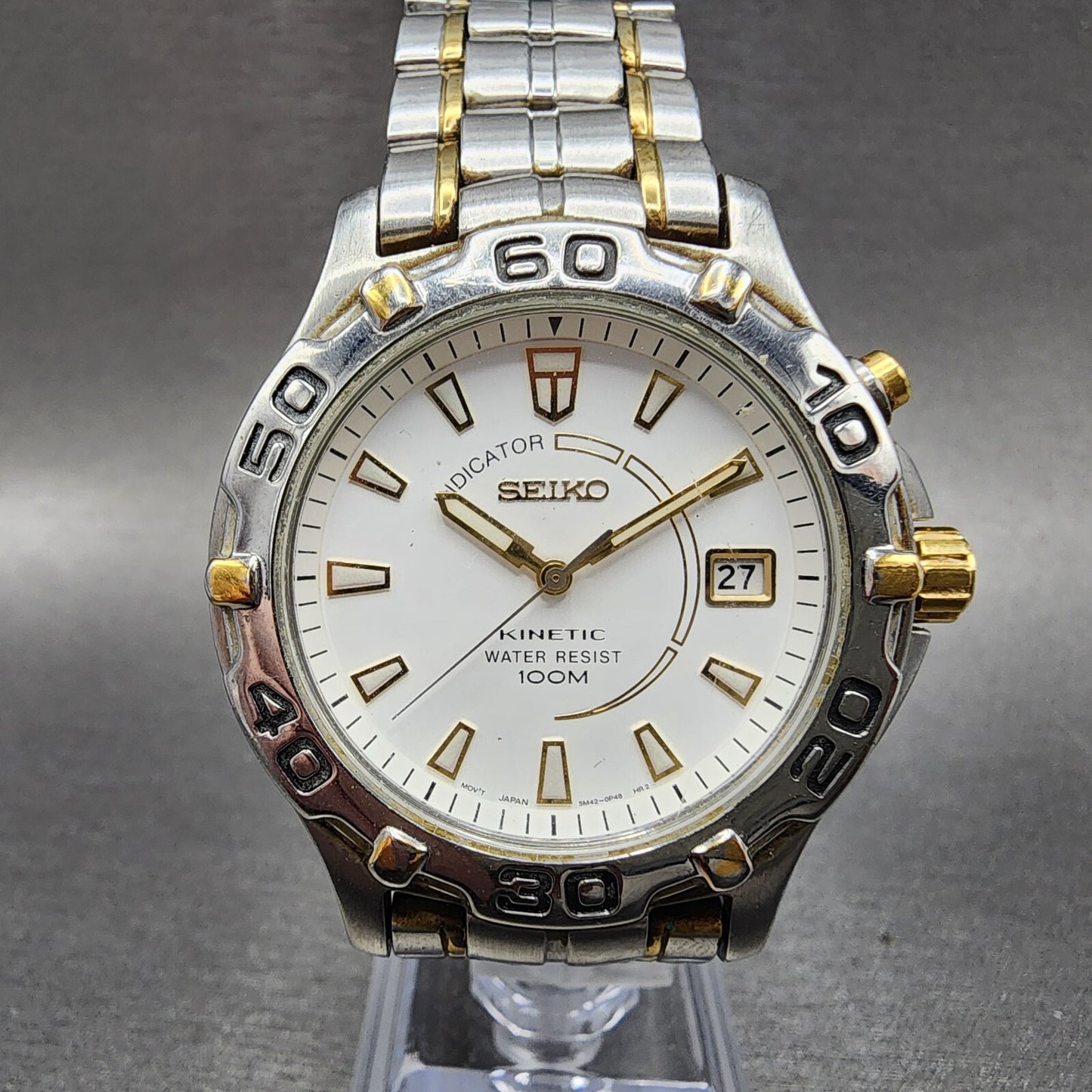 Seiko Kinetic Watch men 38mm White Dial Two Tone Date Round 5M420M09 PARTS0