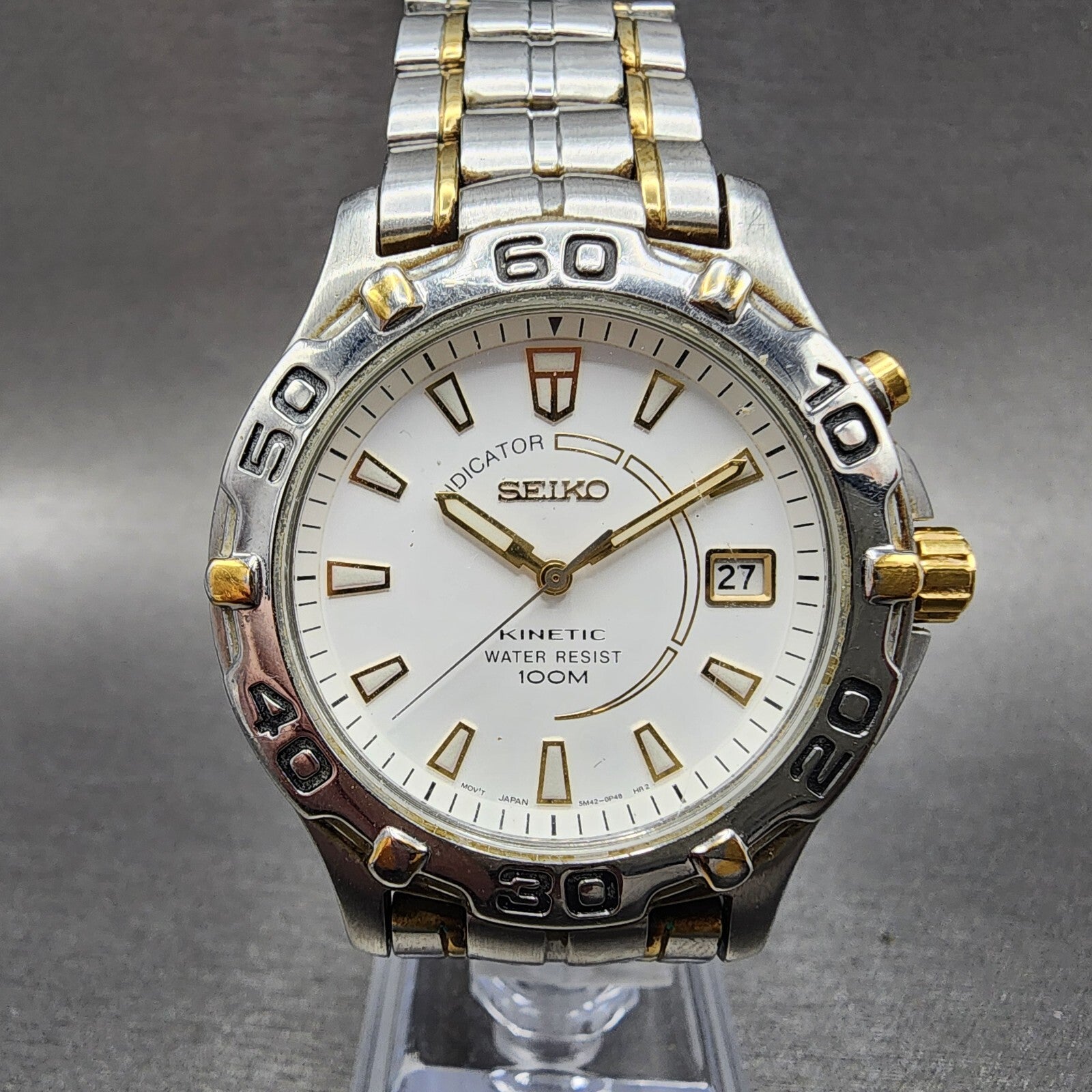 Seiko Kinetic Watch men 38mm White Dial Two Tone Date Round 5M420M09 PARTS0