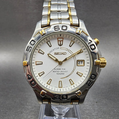 Seiko Kinetic Watch men 38mm White Dial Two Tone Date Round 5M420M09 PARTS0