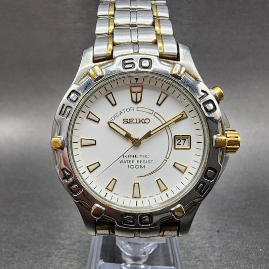 Seiko Kinetic Watch men 38mm White Dial Two Tone Date Round 5M420M09 PARTS0