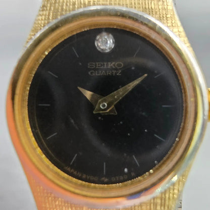 Seiko Watch Women 17mm Black Dial Gold Tone Oval 2Y00-0069 New Battery Vintage1