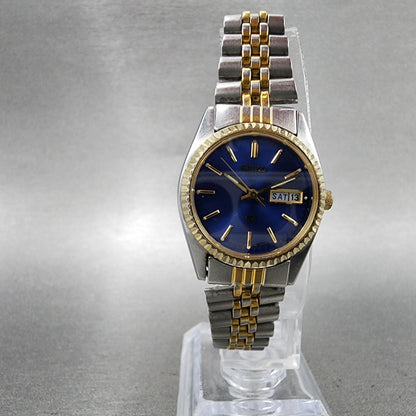 Seiko SQ Watch Women 24mm Blue Dial Two Tone Daydate Round New Battery KJ785
