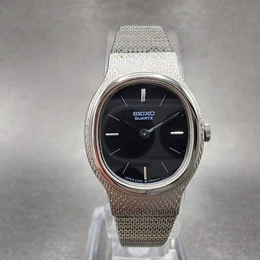 Seiko Watch Women 20mm Black Dial Silver Tone Oval 23205359 New Battery0