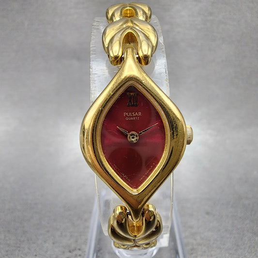 Seiko Pulsar Watch Women 18mm Red Dial Gold Tone Oval V8106510 New Battery0