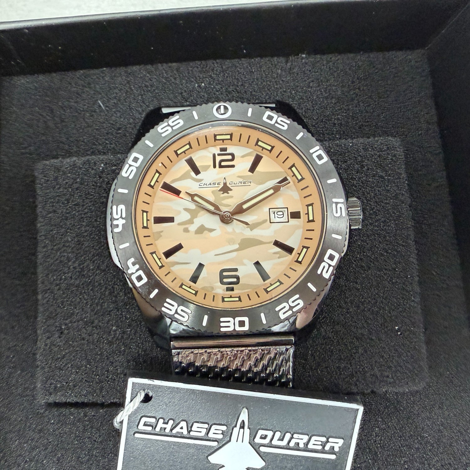 Chase Durer Dive Watch Men 46mm Brown Camo Dial Black Tone Date CDW-01830