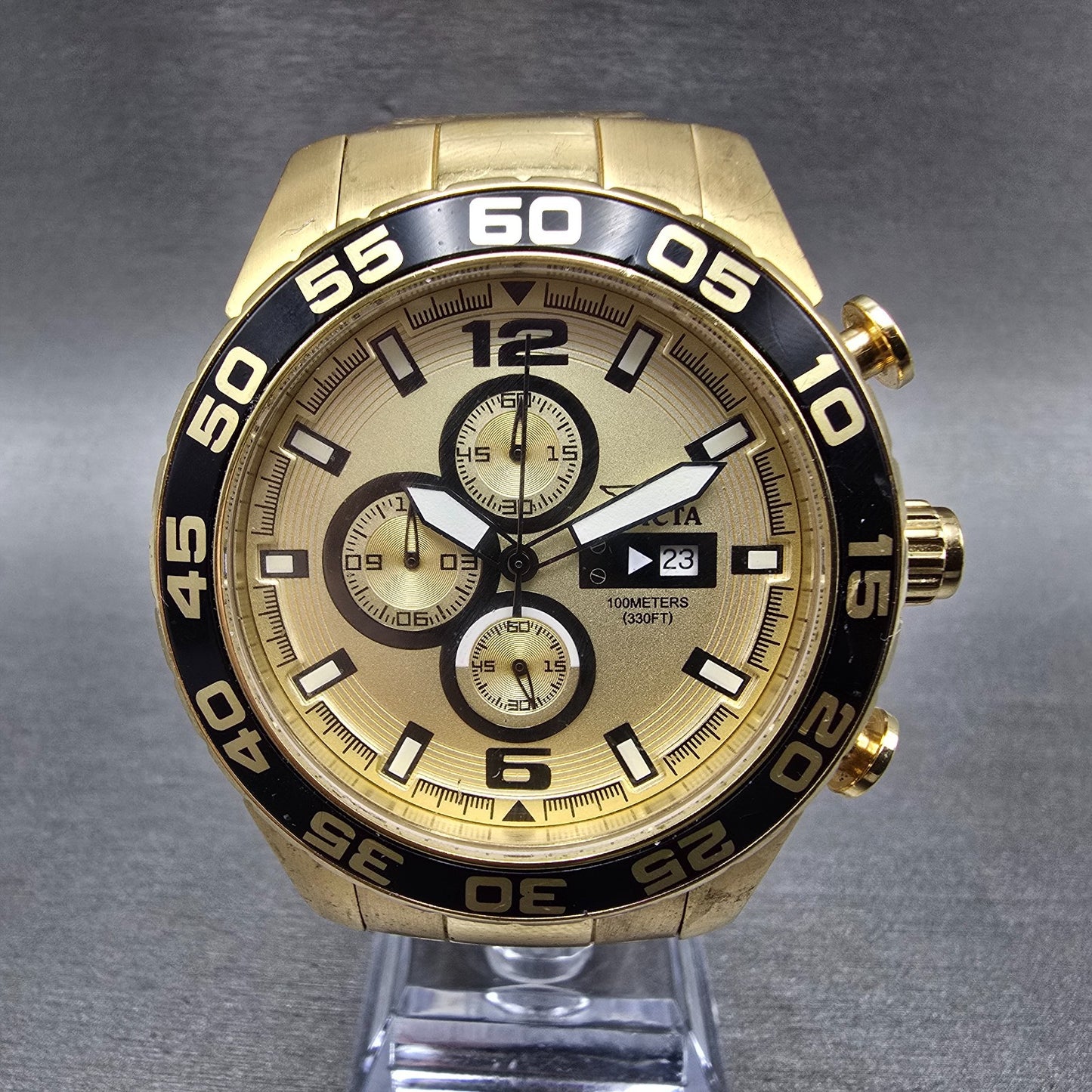 Invicta Chronograph Dive Watch Men 46mm Champagne Dial Gold Tone Date New Batt0