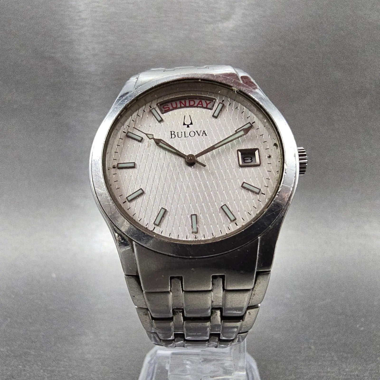 Bulova Watch Men 36mm Silver Dial Silver Tone Daydate Round 96C22 New Battery5