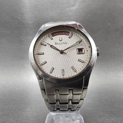 Bulova Watch Men 36mm Silver Dial Silver Tone Daydate Round 96C22 New Battery5