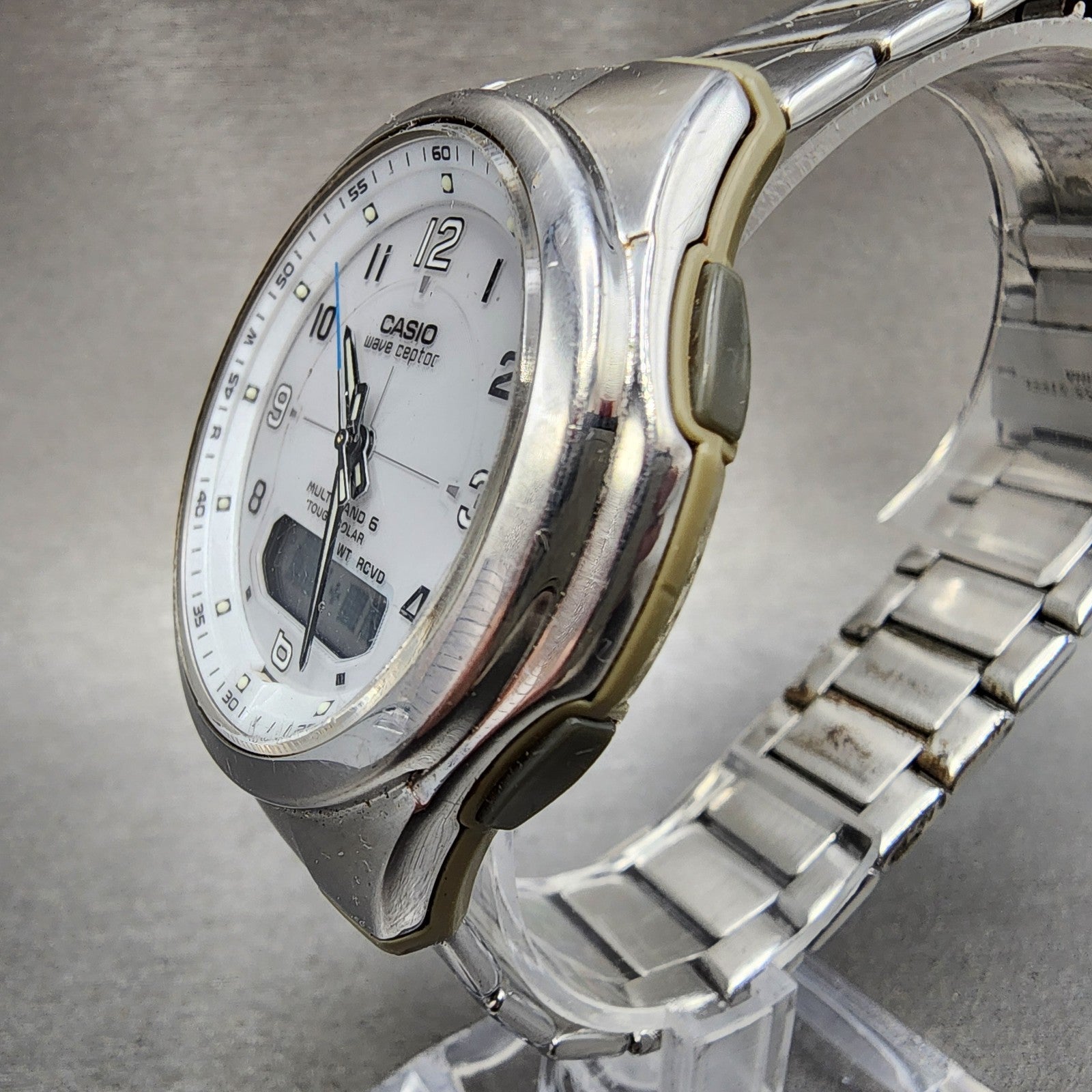 Casio Wave Ceptor Watch Men 41mm White Dial Silver Tone Solar WVAM600 Works2