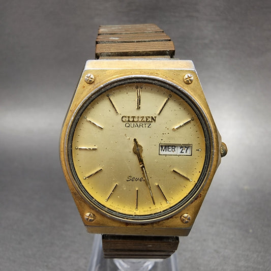 Citizen Seven Watch Men 35mm Champange Dial Gold Tone Daydate 1400-282949 PARTS