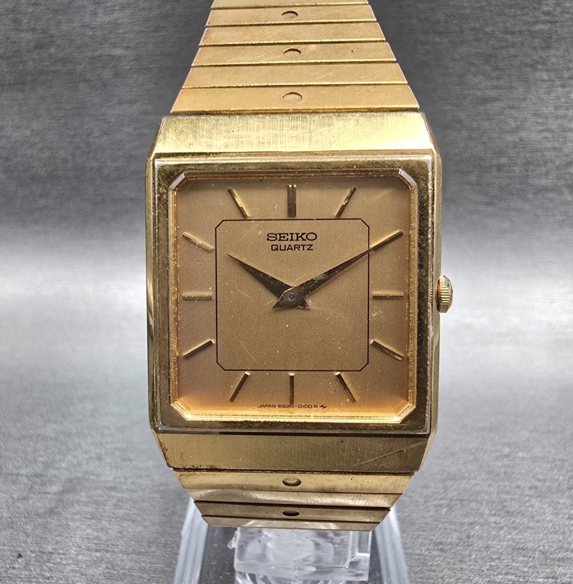 Seiko Tan Watch Men 27mm Gold Dial Gold Tone Rectangle 8620-5049 New Battery VTG0