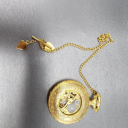 Skeleton Pocket Watch Men 47mm Skeleton Dial Gold Tone Mosaic Design Runs