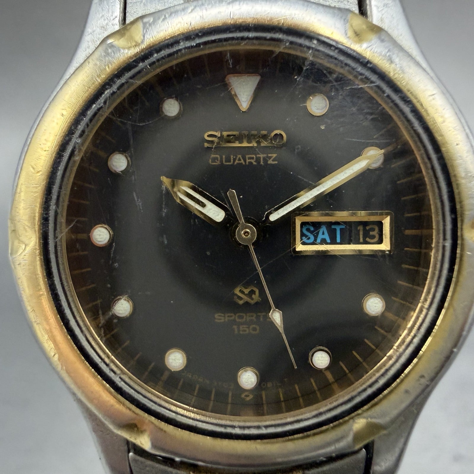 Seiko SQ Sports 150 Watch Women 27mm Black Dial TwoTone Daydate 3Y03-0A69 NewBat1