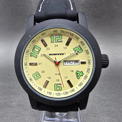 Humvee Watch Men 43mm Cream Dial Black Daydate Round HF19New Battery0