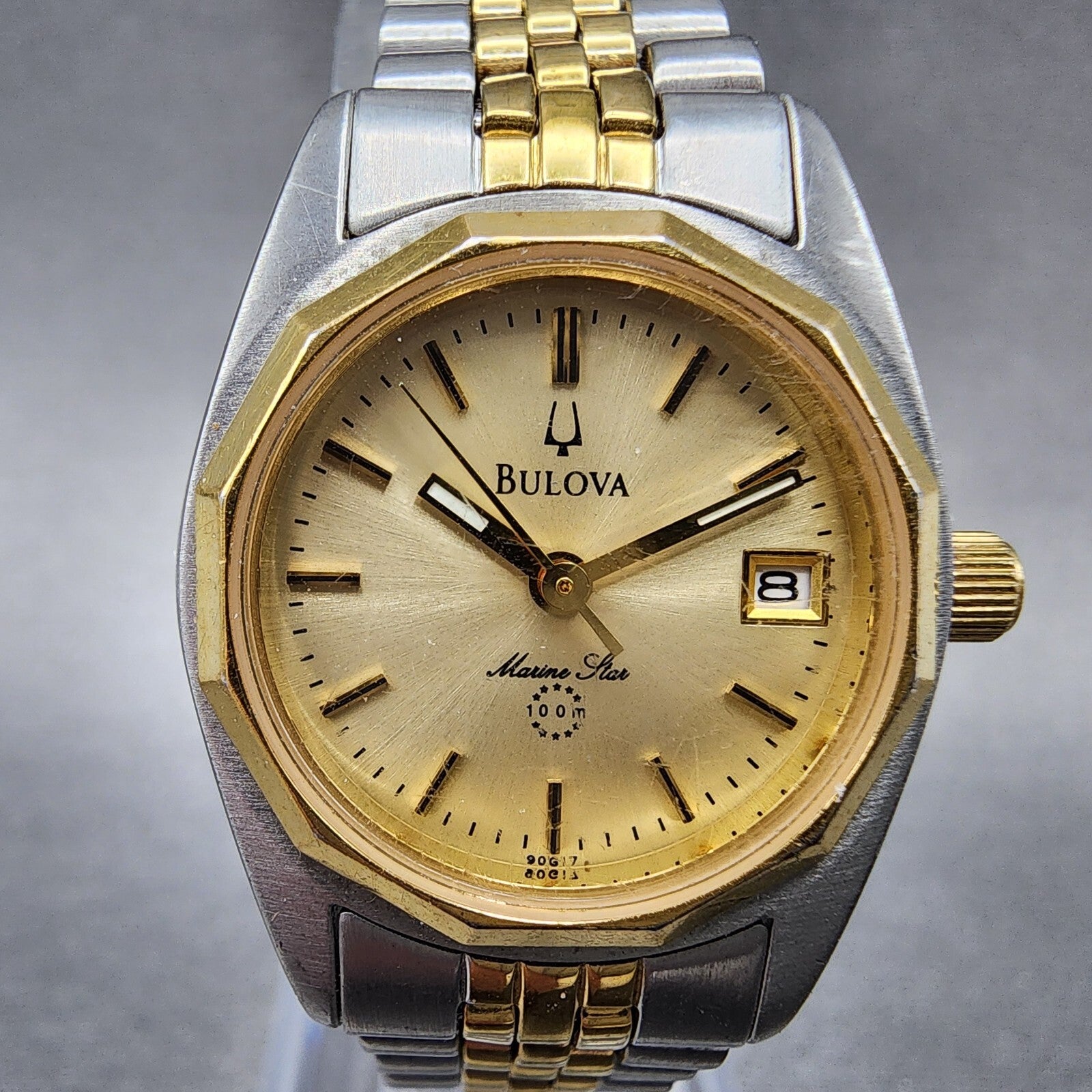 Bulova Marine Star Watch Women 24mm Gold Dial Two Tone Date Round New Battery1